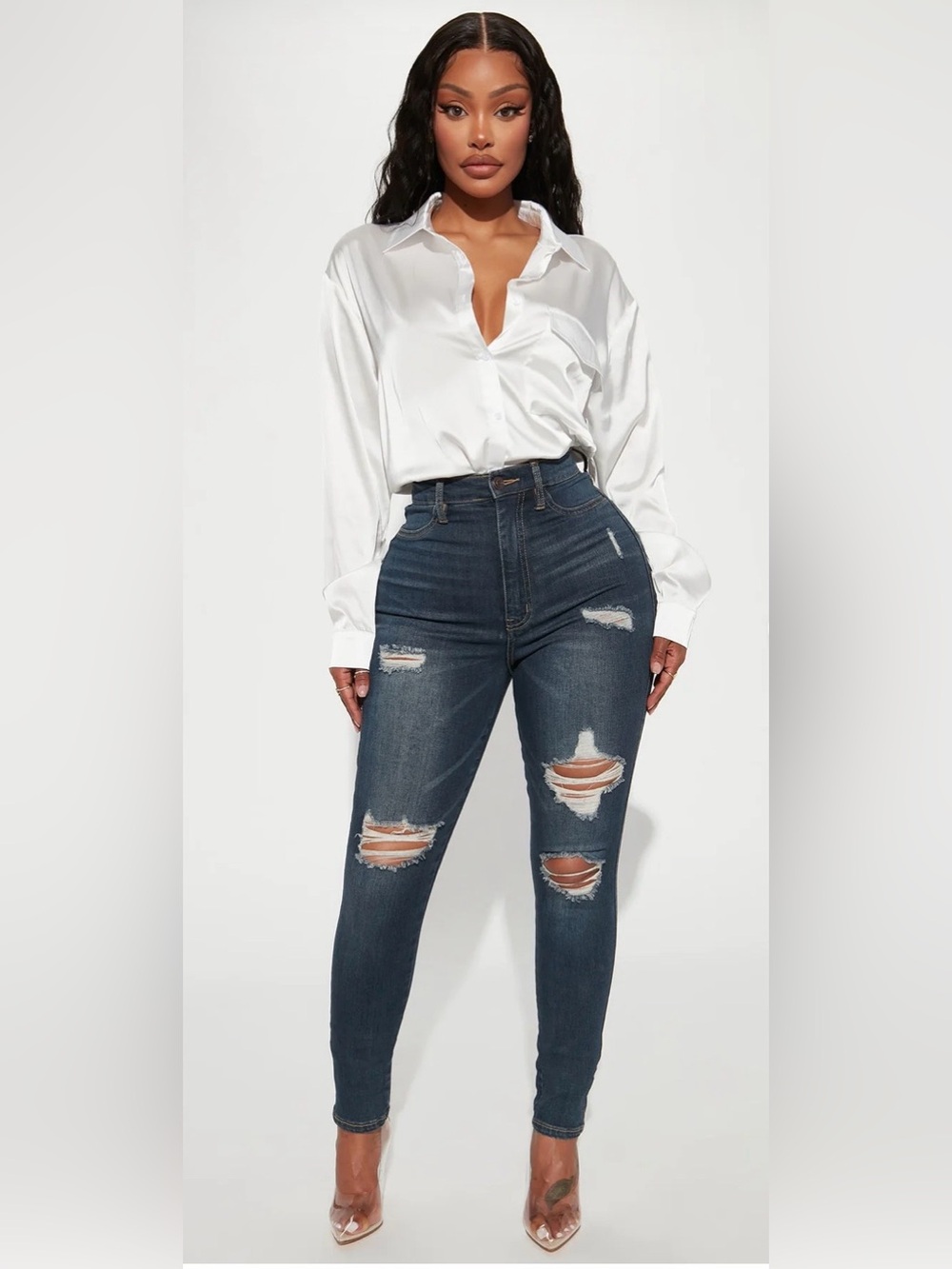 Fashion Nova Dark Blue High-Rise Ripped Skinny Jeans